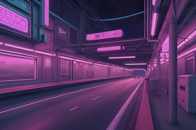 Estrada vazia com tons visuais rosa e roxo